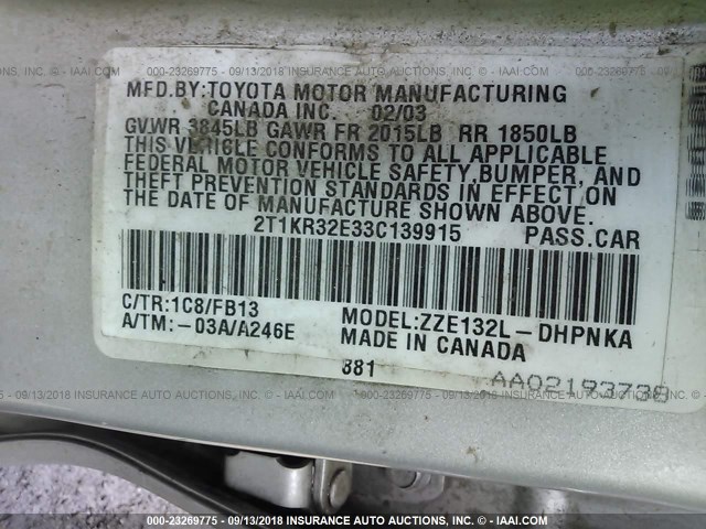 2T1KR32E33C139915 - 2003 TOYOTA COROLLA MATRIX XR SILVER photo 9