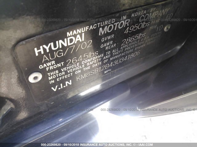 KM8SB12B43U341806 - 2003 HYUNDAI SANTA FE GL BLACK photo 9