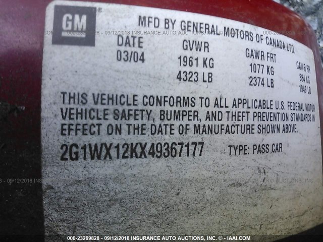 2G1WX12KX49367177 - 2004 CHEVROLET MONTE CARLO SS წითელი ფოტო 9