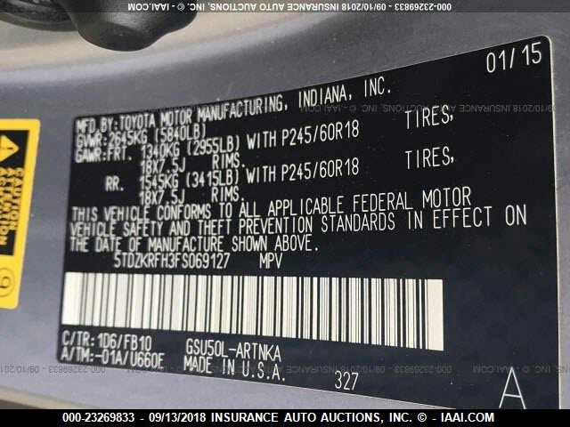 5TDZKRFH3FS069127 - 2015 TOYOTA HIGHLANDER SILVER photo 9