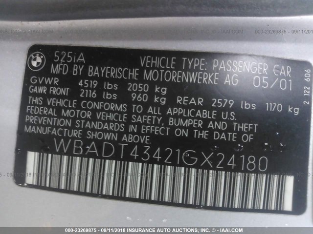 WBADT43421GX24180 - 2001 BMW 525 I AUTOMATIC SILVER photo 9