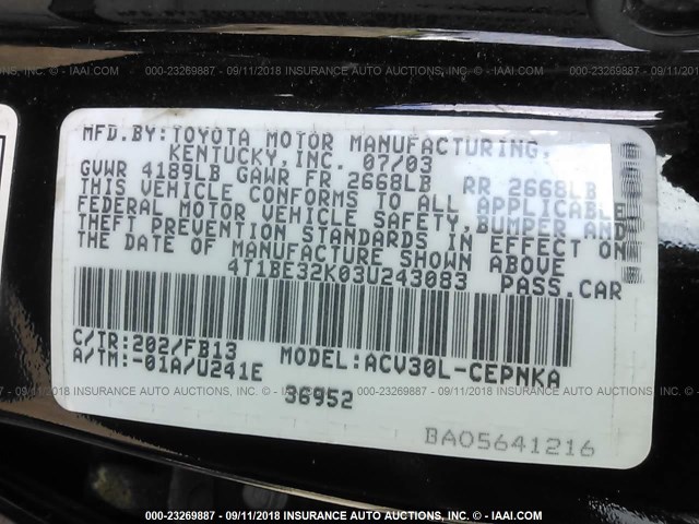 4T1BE32K03U243083 - 2003 TOYOTA CAMRY LE/XLE/SE Қара фото 9