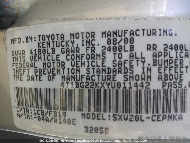 4T1BG22KXYU011442 - 2000 TOYOTA CAMRY CE/LE/XLE 银色 照片 9