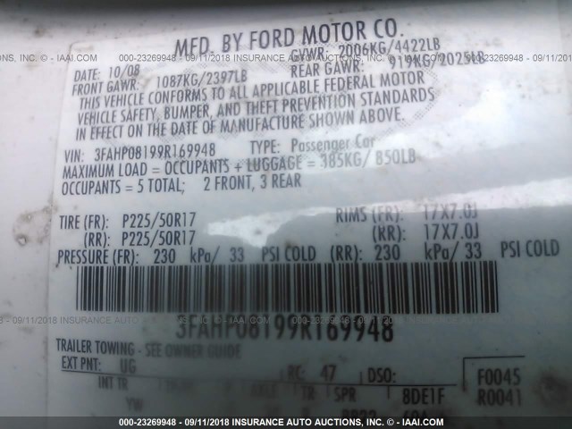 3FAHP08199R169948 - 2009 FORD FUSION SEL WHITE photo 9