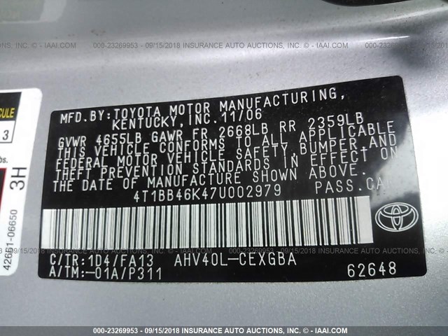 4T1BB46K47U002979 - 2007 TOYOTA CAMRY NEW GENERAT HYBRID SILVER photo 9