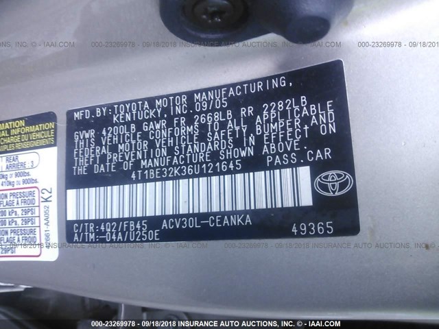 4T1BE32K36U121645 - 2006 TOYOTA CAMRY LE/XLE/SE Qızıl foto 9