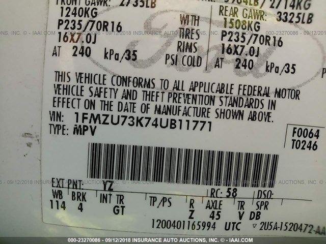 1FMZU73K74UB11771 - 2004 FORD EXPLORER XLT/XLT SPORT/NBX 白色 照片 9