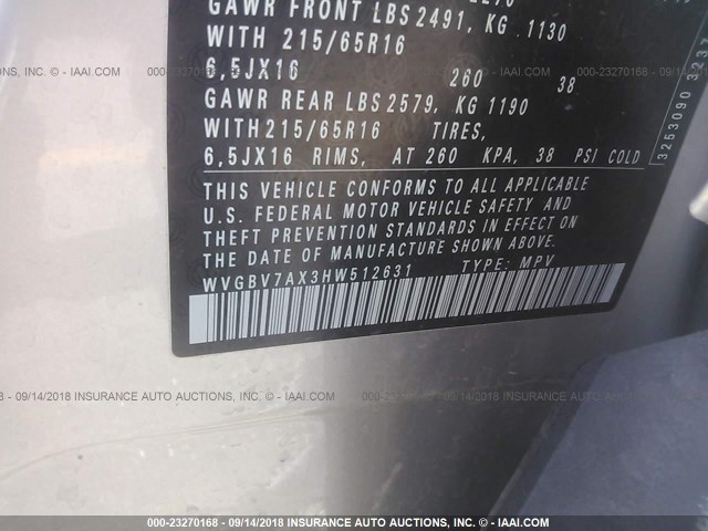 WVGBV7AX3HW512631 - 2017 VOLKSWAGEN TIGUAN S/LIMITED SILVER photo 9