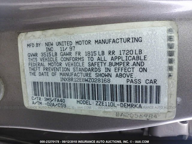 1NXBR12E8WZ028168 - 1998 TOYOTA COROLLA VE/CE/LE 棕色 照片 9