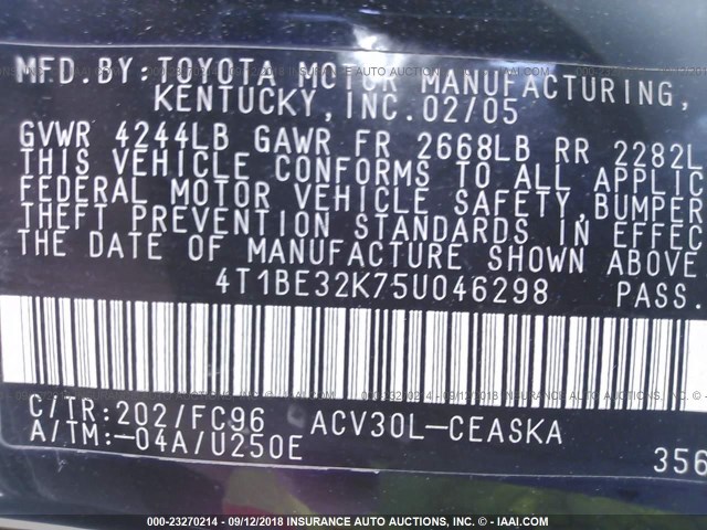 4T1BE32K75U046298 - 2005 TOYOTA CAMRY LE/XLE/SE Қара фото 9