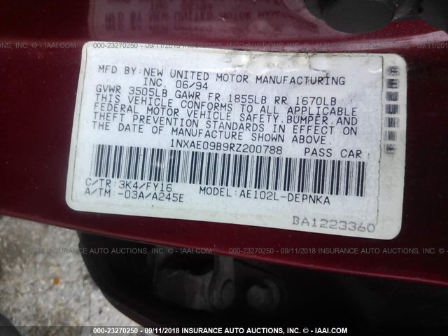 1NXAE09B9RZ200788 - 1994 TOYOTA COROLLA LE/DX 勃艮第红 照片 9