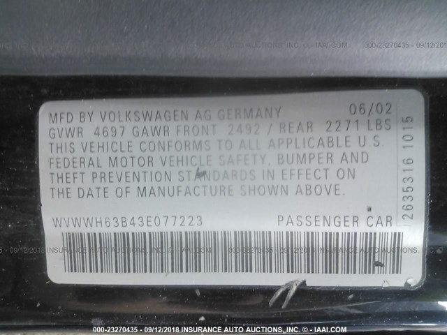 WVWWH63B43E077223 - 2003 VOLKSWAGEN PASSAT GLX BLACK photo 9
