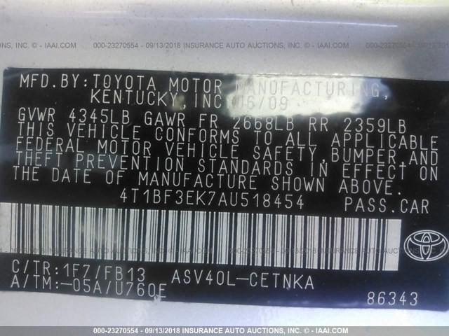 4T1BF3EK7AU518454 - 2010 TOYOTA CAMRY SE/LE/XLE ვერცხლისფერი ფოტო 9