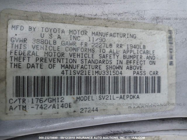 4T1SV21E1MU331504 - 1991 TOYOTA CAMRY DLX WHITE photo 9