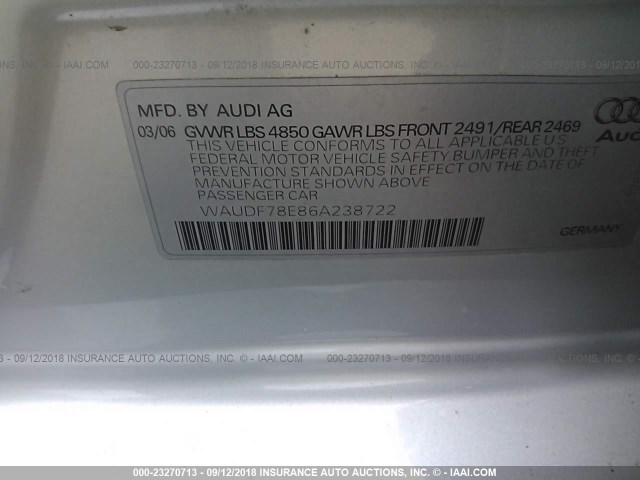 WAUDF78E86A238722 - 2006 AUDI A4 2.0T QUATTRO SILVER photo 9