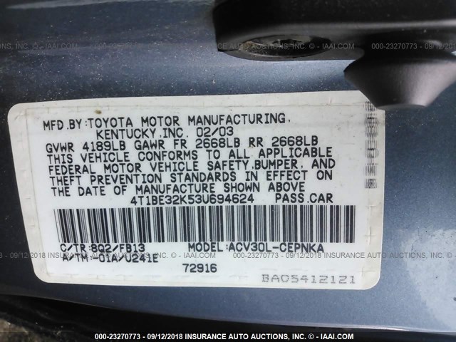 4T1BE32K53U694624 - 2003 TOYOTA CAMRY LE/XLE/SE Mavi foto 9