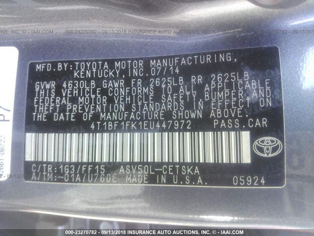 4T1BF1FK1EU447972 - 2014 TOYOTA CAMRY L/SE/LE/XLE 灰色 照片 9