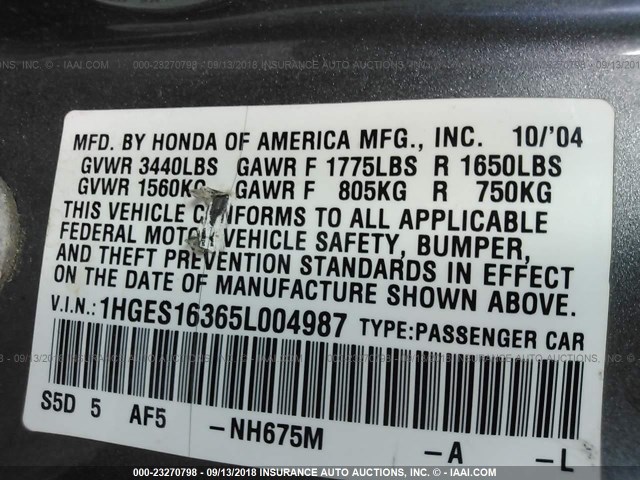 1HGES16365L004987 - 2005 HONDA CIVIC DX VP GRAY photo 9