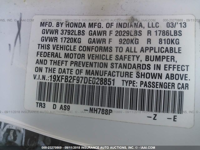 19XFB2F97DE028851 - 2013 HONDA CIVIC EXL 白色 照片 9