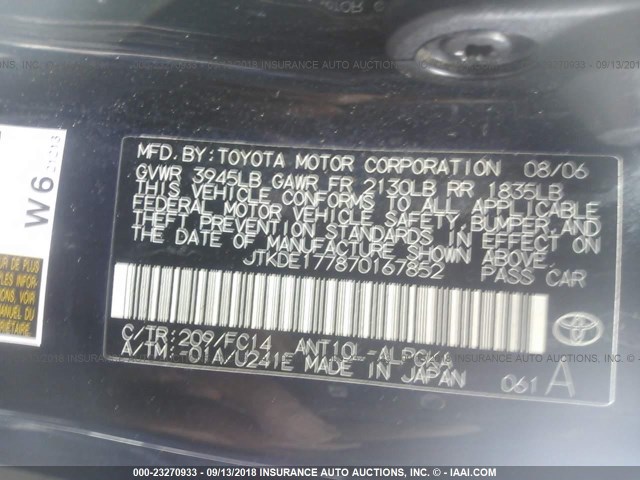 JTKDE177870167852 - 2007 TOYOTA SCION TC BLACK photo 9
