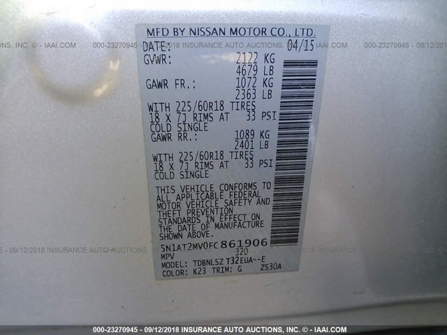 5N1AT2MV0FC861906 - 2015 NISSAN ROGUE S/SL/SV SILVER photo 9