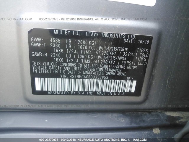 4S4BRCAC6B3358953 - 2011 SUBARU OUTBACK 2.5I SILVER photo 9