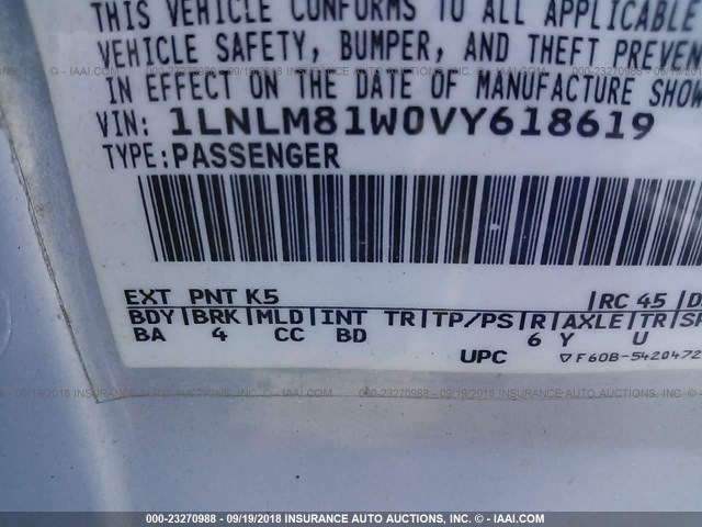 1LNLM81W0VY618619 - 1997 LINCOLN TOWN CAR EXECUTIVE Светло-синий фото 9