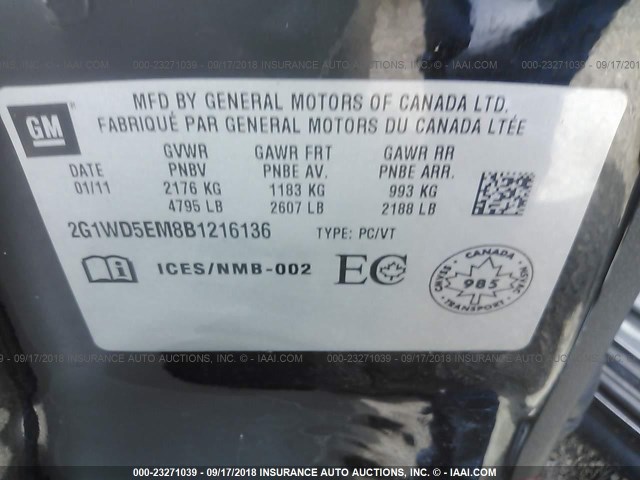 2G1WD5EM8B1216136 - 2011 CHEVROLET IMPALA POLICE BLACK photo 9