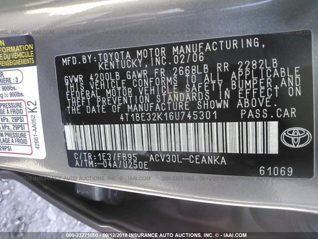 4T1BE32K16U745301 - 2006 TOYOTA CAMRY LE/XLE/SE Сұр фото 9