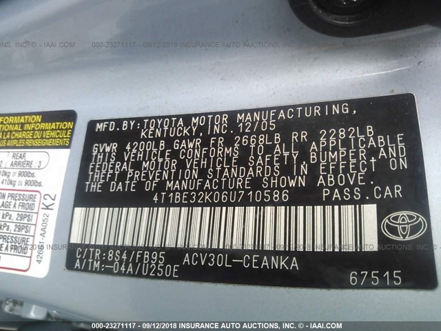 4T1BE32K06U710586 - 2006 TOYOTA CAMRY LE/XLE/SE 浅蓝色 照片 9