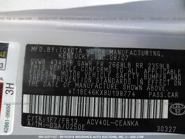 4T1BE46KX8U198774 - 2008 TOYOTA CAMRY CE/LE/XLE/SE SILVER photo 9