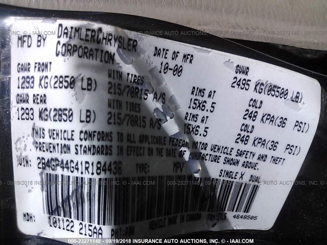 2B4GP44G41R184436 - 2001 DODGE GRAND CARAVAN SPORT ნაცრისფერი ფოტო 9