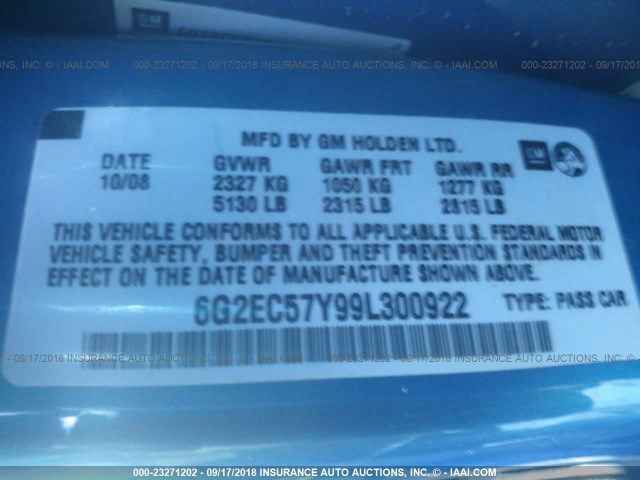 6G2EC57Y99L300922 - 2009 PONTIAC G8 GT BLUE photo 9