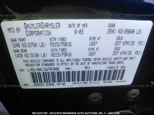 1J4GL48K13W707008 - 2003 JEEP LIBERTY SPORT/FREEDOM ლურჯი ფოტო 9