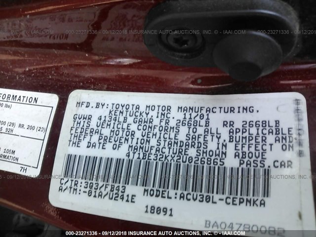 4T1BE32KX2U026865 - 2002 TOYOTA CAMRY LE/XLE/SE RED photo 9