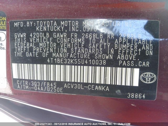 4T1BE32K55U410038 - 2005 TOYOTA CAMRY LE/XLE/SE Qırmızı foto 9