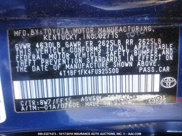 4T1BF1FK4FU925500 - 2015 TOYOTA CAMRY LE/XLE/SE/XSE 蓝色 照片 9