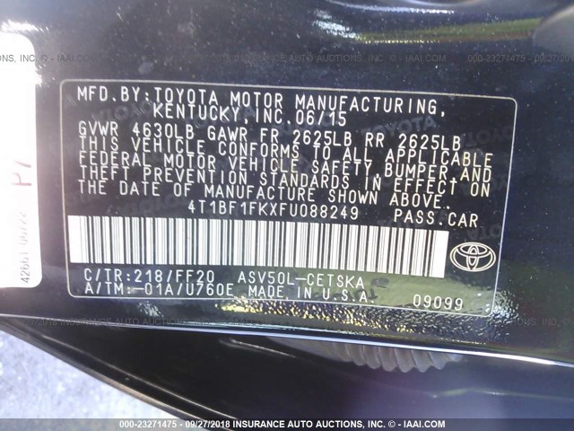 4T1BF1FKXFU088249 - 2015 TOYOTA CAMRY LE/XLE/SE/XSE 黑色 照片 9