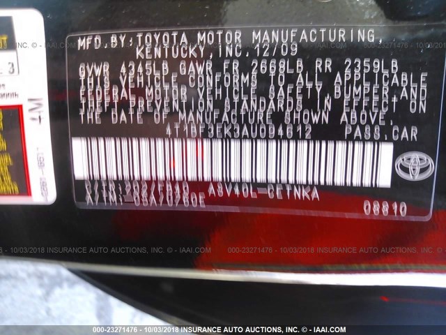 4T1BF3EK3AU094612 - 2010 TOYOTA CAMRY SE/LE/XLE 黑色 照片 9