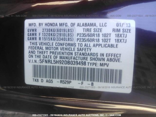 5FNRL5H92DB039498 - 2013 HONDA ODYSSEY TOURING/TOURING ELITE BURGUNDY photo 9