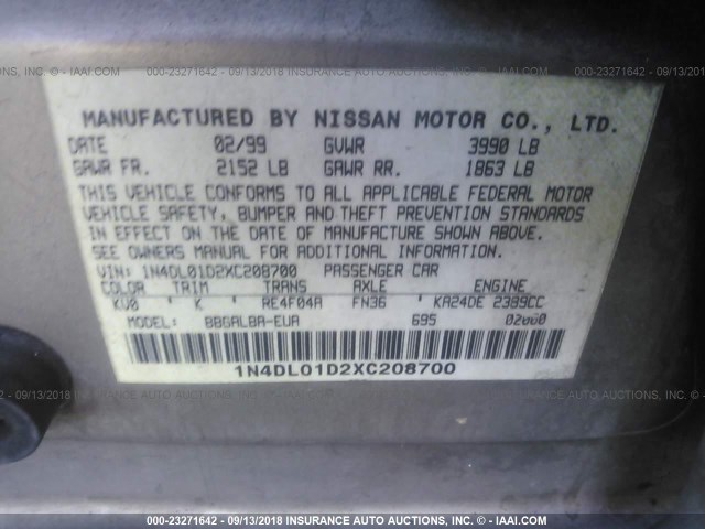 1N4DL01D2XC208700 - 1999 NISSAN ALTIMA XE/GXE/SE/GLE GRAY photo 9