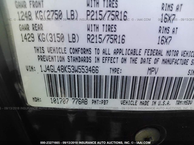 1J4GL48K53W553466 - 2003 JEEP LIBERTY SPORT/FREEDOM ლურჯი ფოტო 9