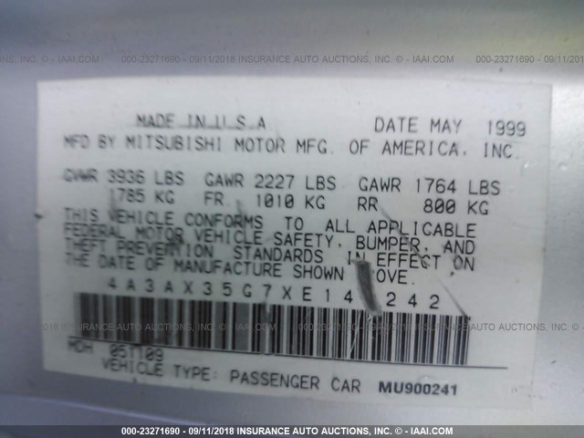 4A3AX35G7XE140242 - 1999 MITSUBISHI ECLIPSE SPYDER GS 银色 照片 9