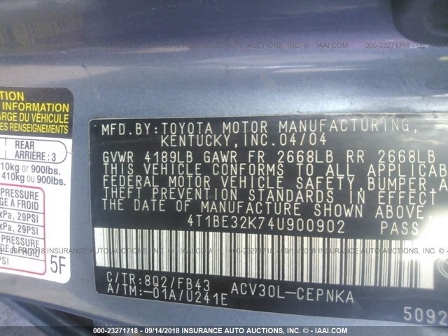 4T1BE32K74U900902 - 2004 TOYOTA CAMRY LE/XLE/SE Көк фото 9