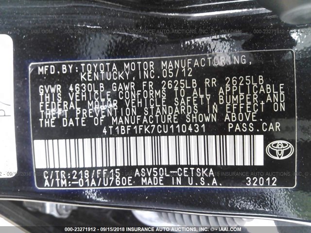 4T1BF1FK7CU110431 - 2012 TOYOTA CAMRY SE/LE/XLE BLACK photo 9