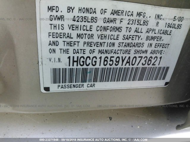 1HGCG1659YA073621 - 2000 HONDA ACCORD EX TAN photo 9