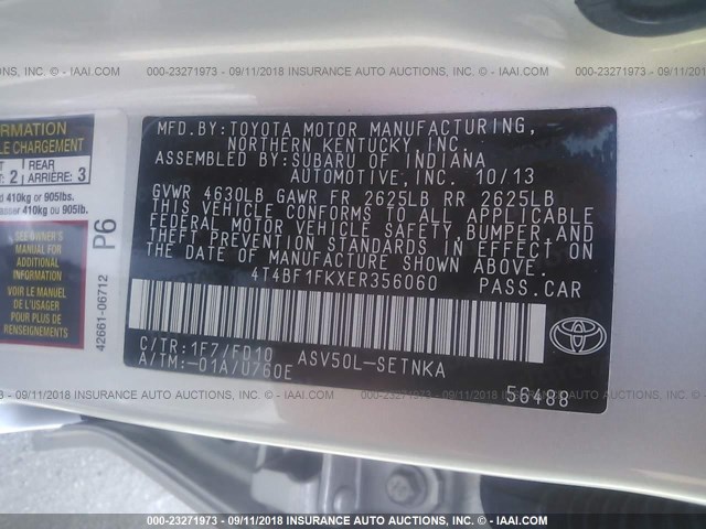 4T4BF1FKXER356060 - 2014 TOYOTA CAMRY L/SE/LE/XLE Gümüş foto 9