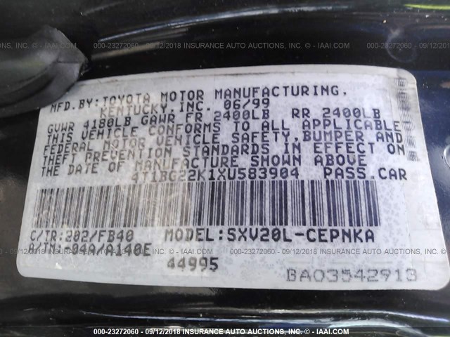 4T1BG22K1XU583904 - 1999 TOYOTA CAMRY CE/LE/XLE 黑色 照片 9