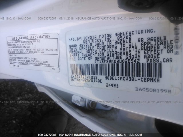 4T1BF32K02U028542 - 2002 TOYOTA CAMRY LE/XLE/SE Ақ фото 9