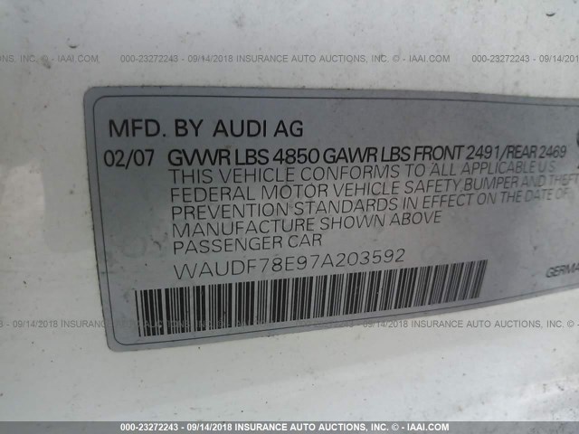 WAUDF78E97A203592 - 2007 AUDI A4 2.0T QUATTRO WHITE photo 9